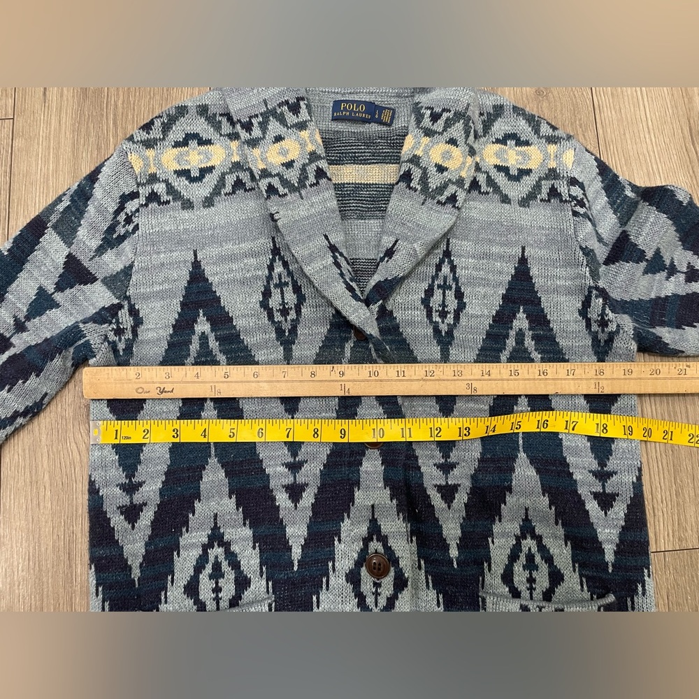 Polo Ralph Lauren Blue Indigo Aztec Print Cardigan Sweater Size Large - Picture 7 of 10